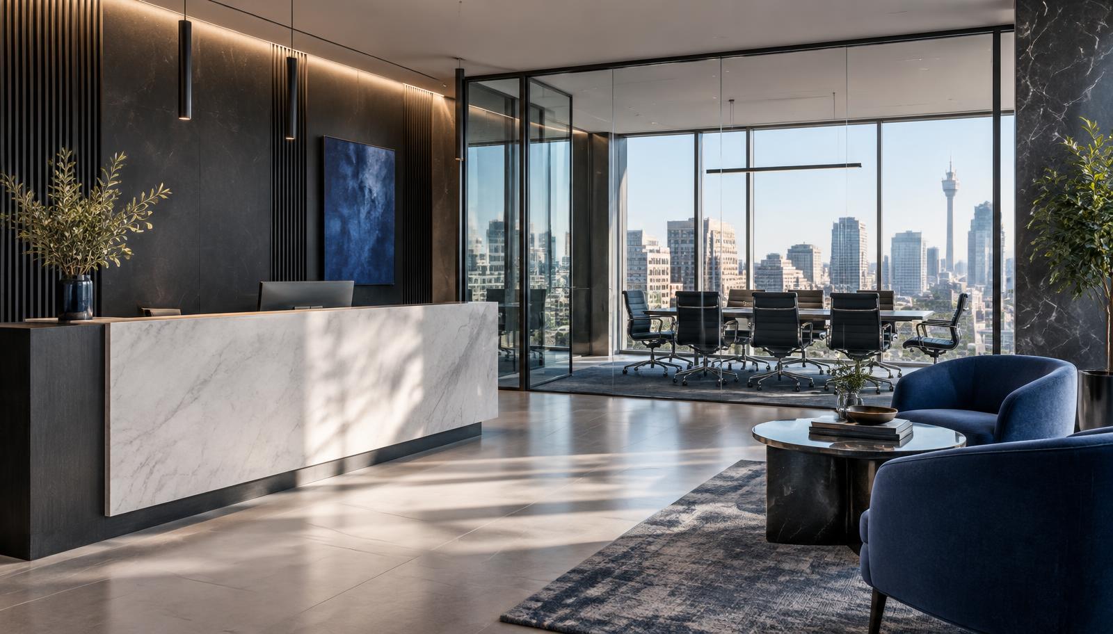 Contemporary corporate law firm reception and meeting rooms